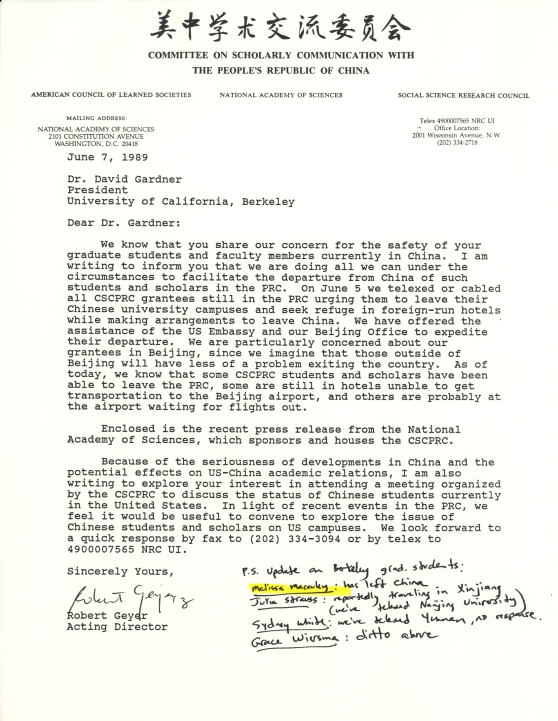 CSCPRC - letter from June 7th, 1989