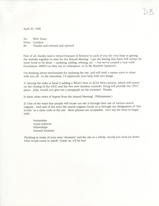 Memo from Candace Frede to web team, 1996